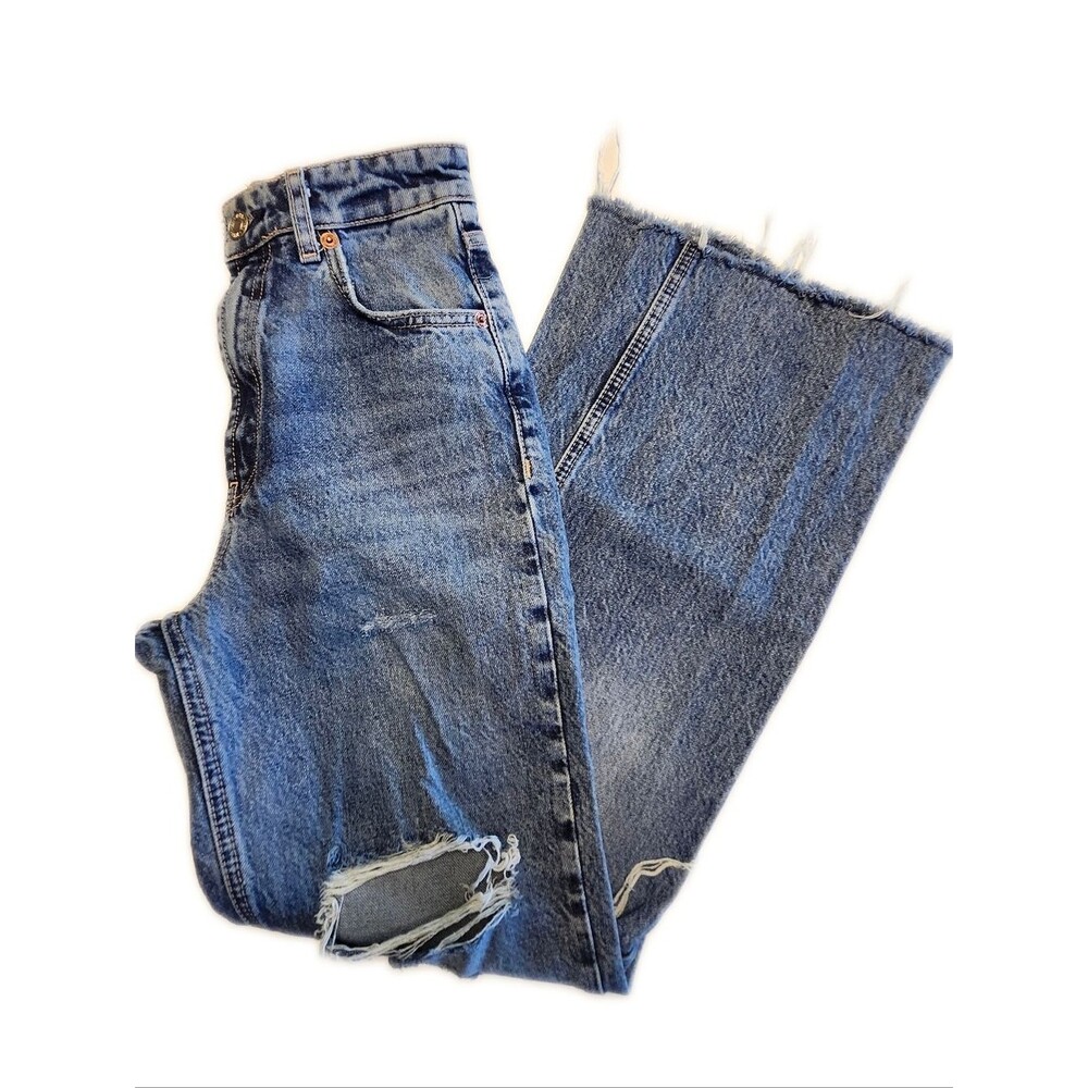 Zara High Rise All Cotton Distressed Wide Leg Jeans, 2